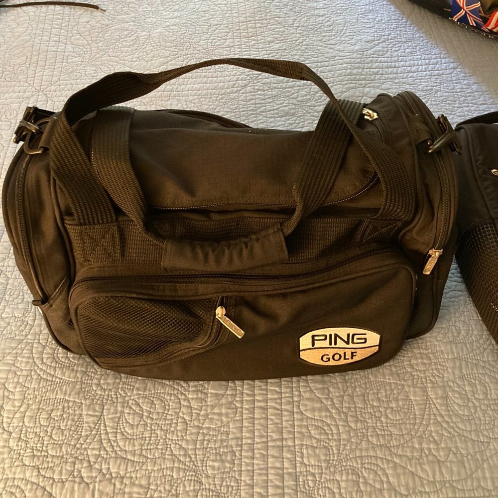2 Ping golf bags, 1 duffle and 1 shoe bag
